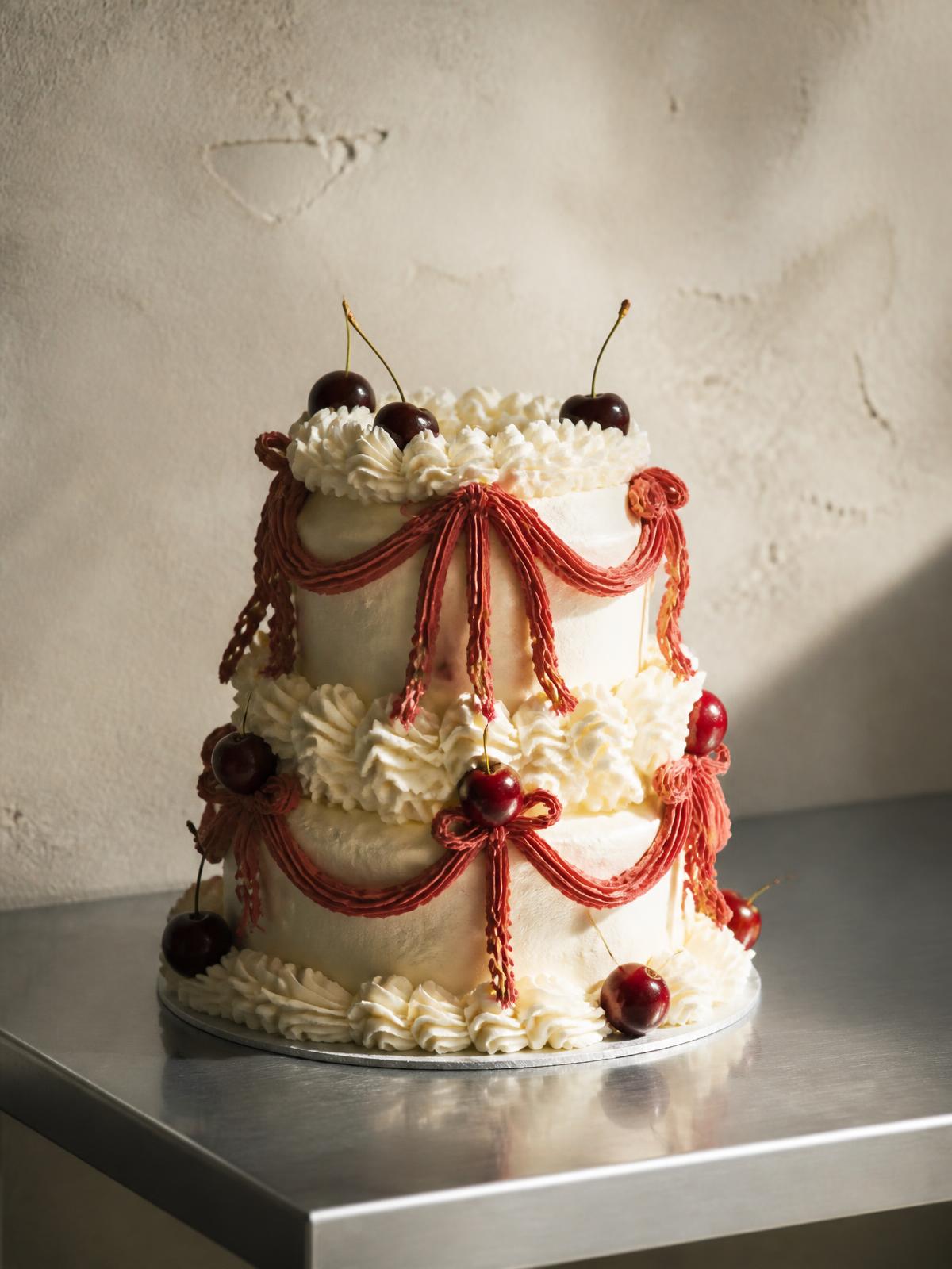 Two-tier cherry ribbon cake